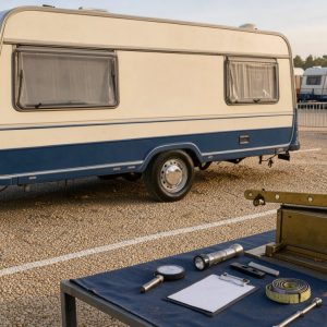 Caravane d’occasion bien entretenue dans un parc professionnel, accompagnée d’une balance symbolisant l’évaluation de sa juste valeur.