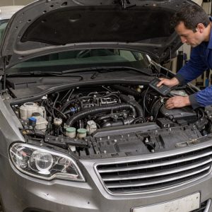 Un mécanicien inspecte le moteur ouvert d’un SUV familial d’occasion dans un atelier automobile.