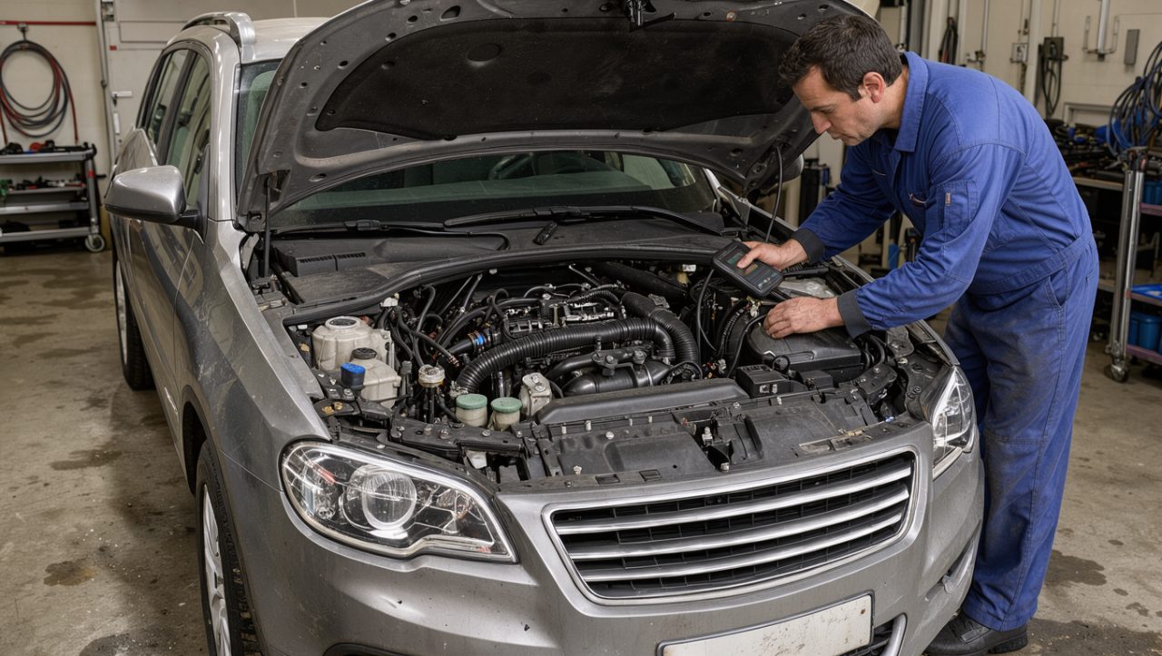 Un mécanicien inspecte le moteur ouvert d’un SUV familial d’occasion dans un atelier automobile.