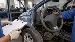 Voiture compacte d’occasion inspectée dans un atelier automobile, avec des détails visibles sur l’usure des pneus, du volant et des composants de freinage.