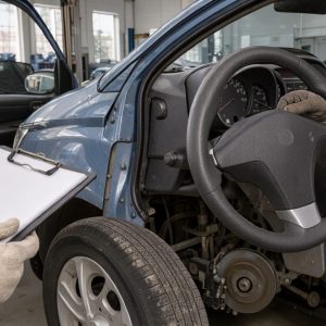 Voiture compacte d’occasion inspectée dans un atelier automobile, avec des détails visibles sur l’usure des pneus, du volant et des composants de freinage.