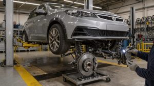 Voiture compacte modifiée sur un pont élévateur dans un centre de contrôle technique wallon, avec inspection détaillée des jantes et de la suspension.