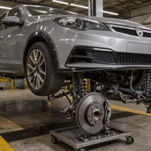 Voiture compacte modifiée sur un pont élévateur dans un centre de contrôle technique wallon, avec inspection détaillée des jantes et de la suspension.